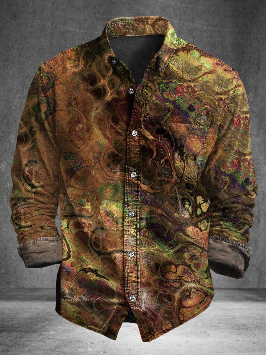Abstract Retro Cell Print Casual Cotton Long-Sleeve Shirt