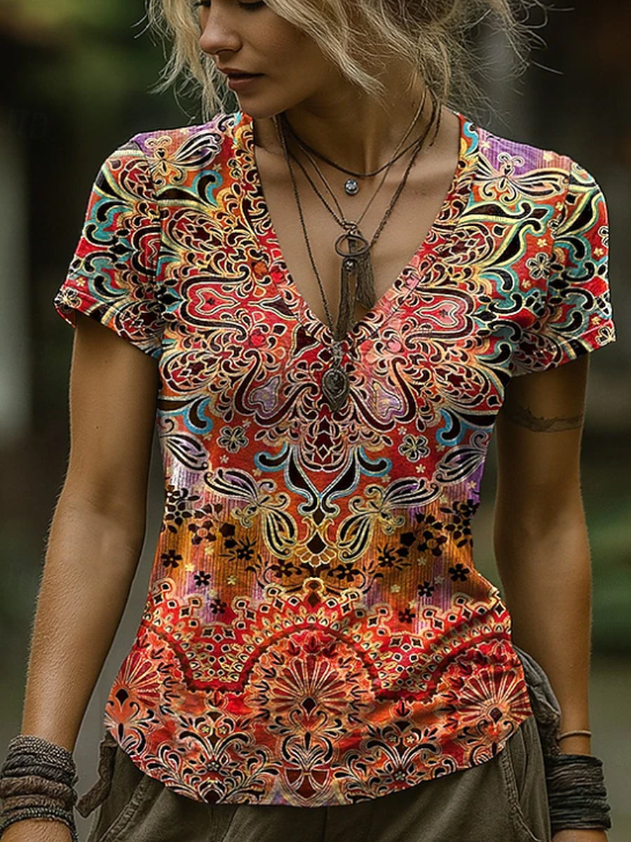 Western Flowers Printed Vintage Fashion Loose Short Sleeve T-Shirt