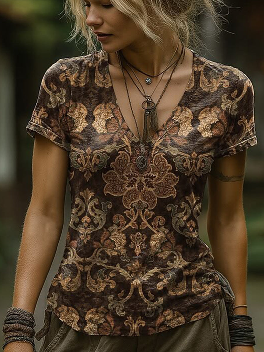 Western Flowers Printed Vintage Fashion Loose Short Sleeve T-Shirt