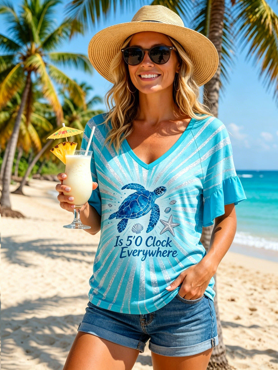 It's 5 O'Clock Everywhere Hawaiian Art Sea Turtle V-Neck T-Shirt