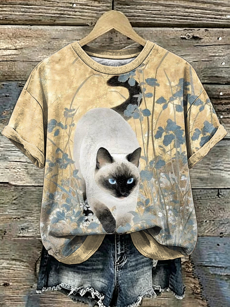 Women's Cat Art Print Short Sleeves T-shirt