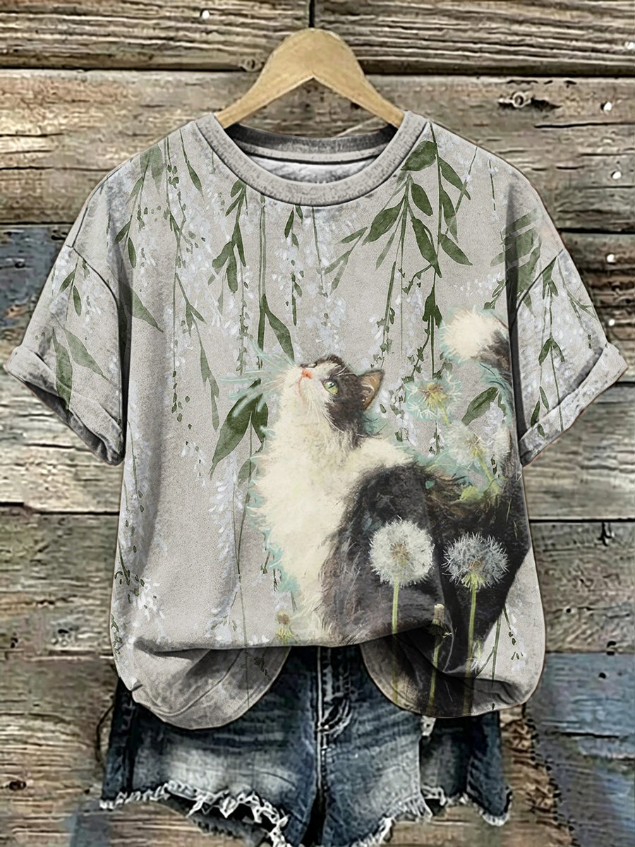 Women's Cat Art Print Short Sleeves T-shirt