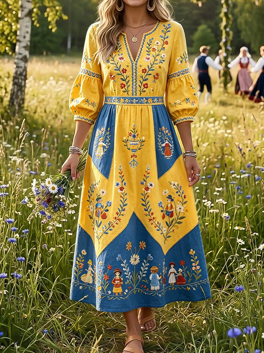 Women's Retro Midsummer Floral Patchwork Art V-Neck Dress