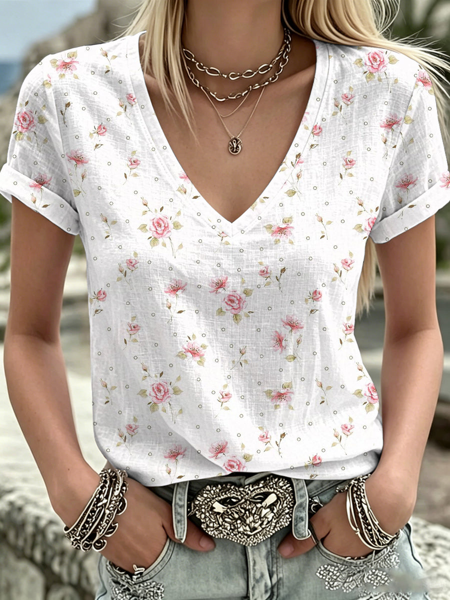 Women's Pink Flowers Print V-Neck Casual T-Shirt