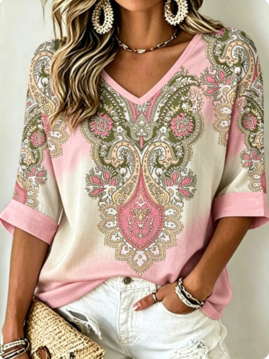 Women's Vintage Bohemian Embroidered Floral V-Neck Cotton-Linen Top