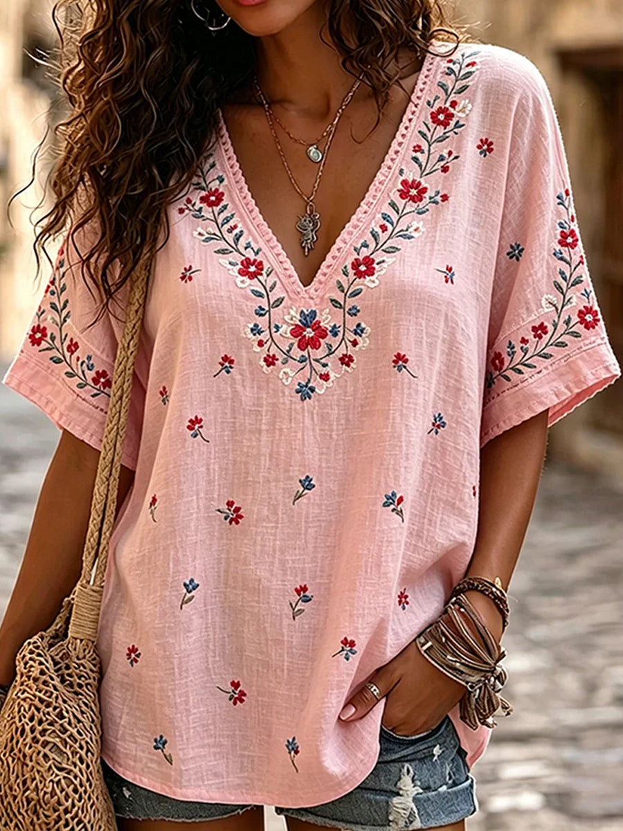 Women's Vintage Floral Art Print Casual Cotton-Linen Top