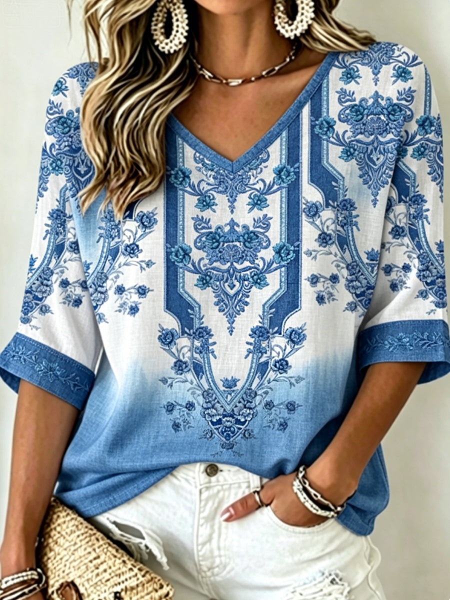 Women's Vintage Bohemian Embroidered Floral V-Neck Cotton-Linen Top