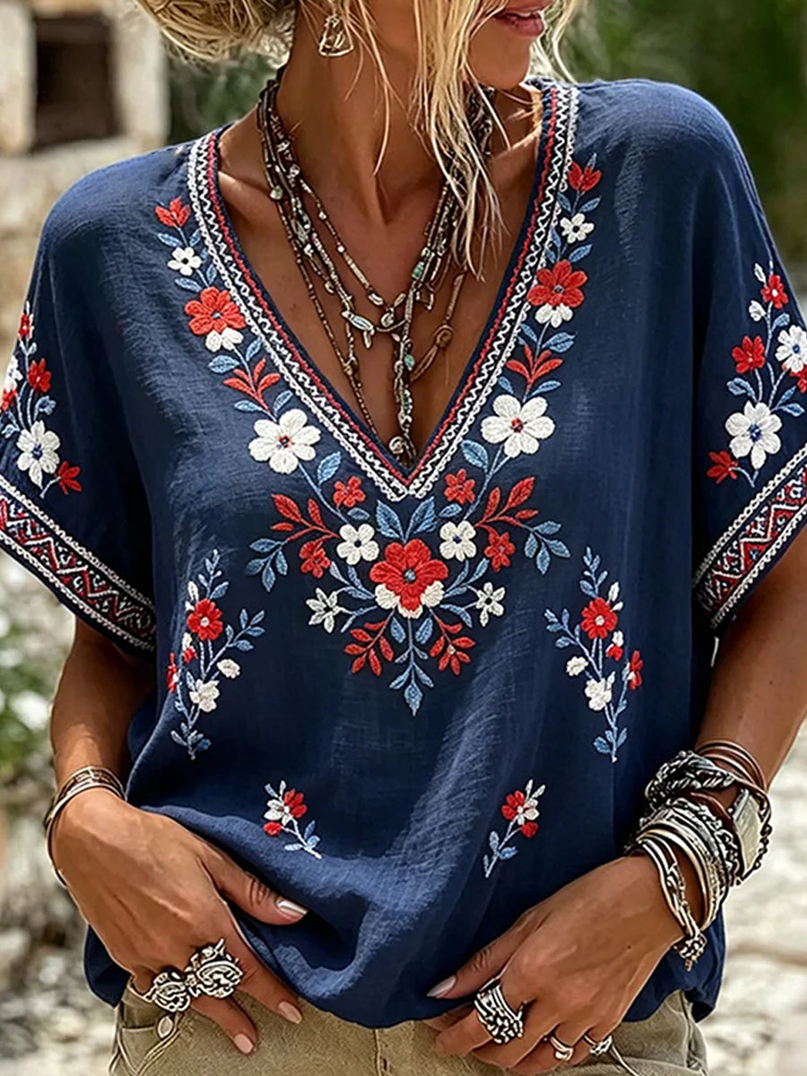 Women's Vintage Floral Art Print Casual Cotton-Linen Top