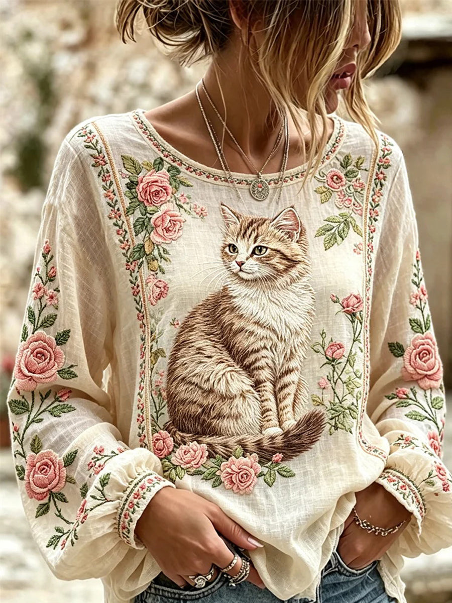 Women's Cat Embroidered Print Shirt