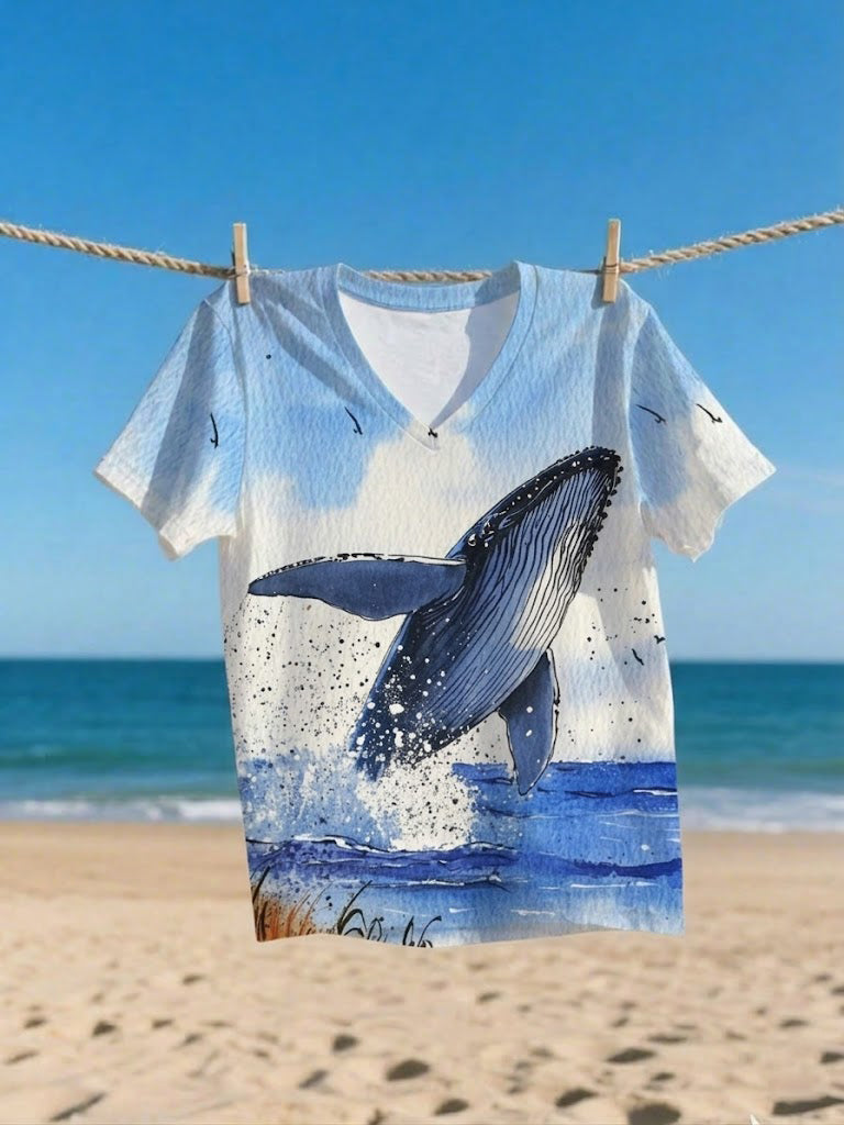 Women's Whale World Ocean Day Printed V-neck T-shirt
