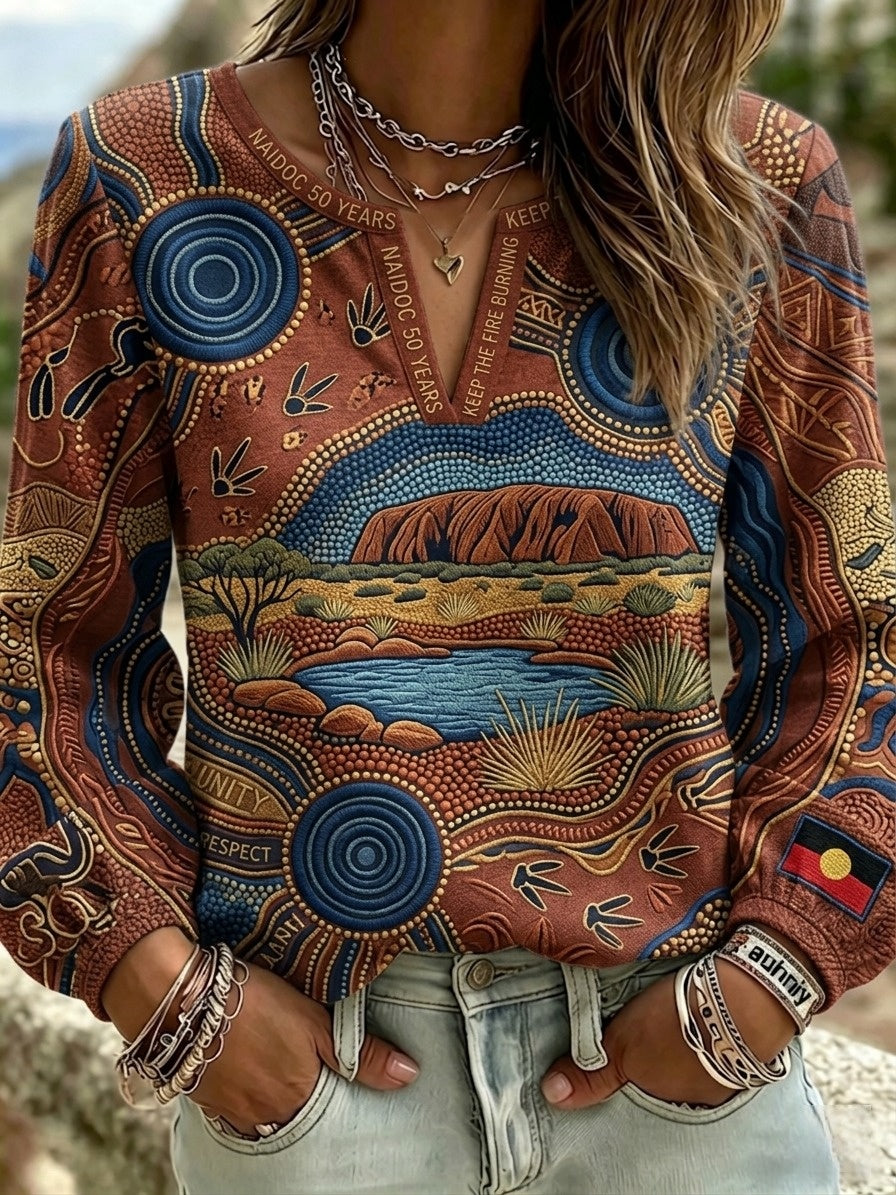 Women's AU Aboriginal Art NAIDOC Week Cotton-Linen Long-Sleeve T-Shirt