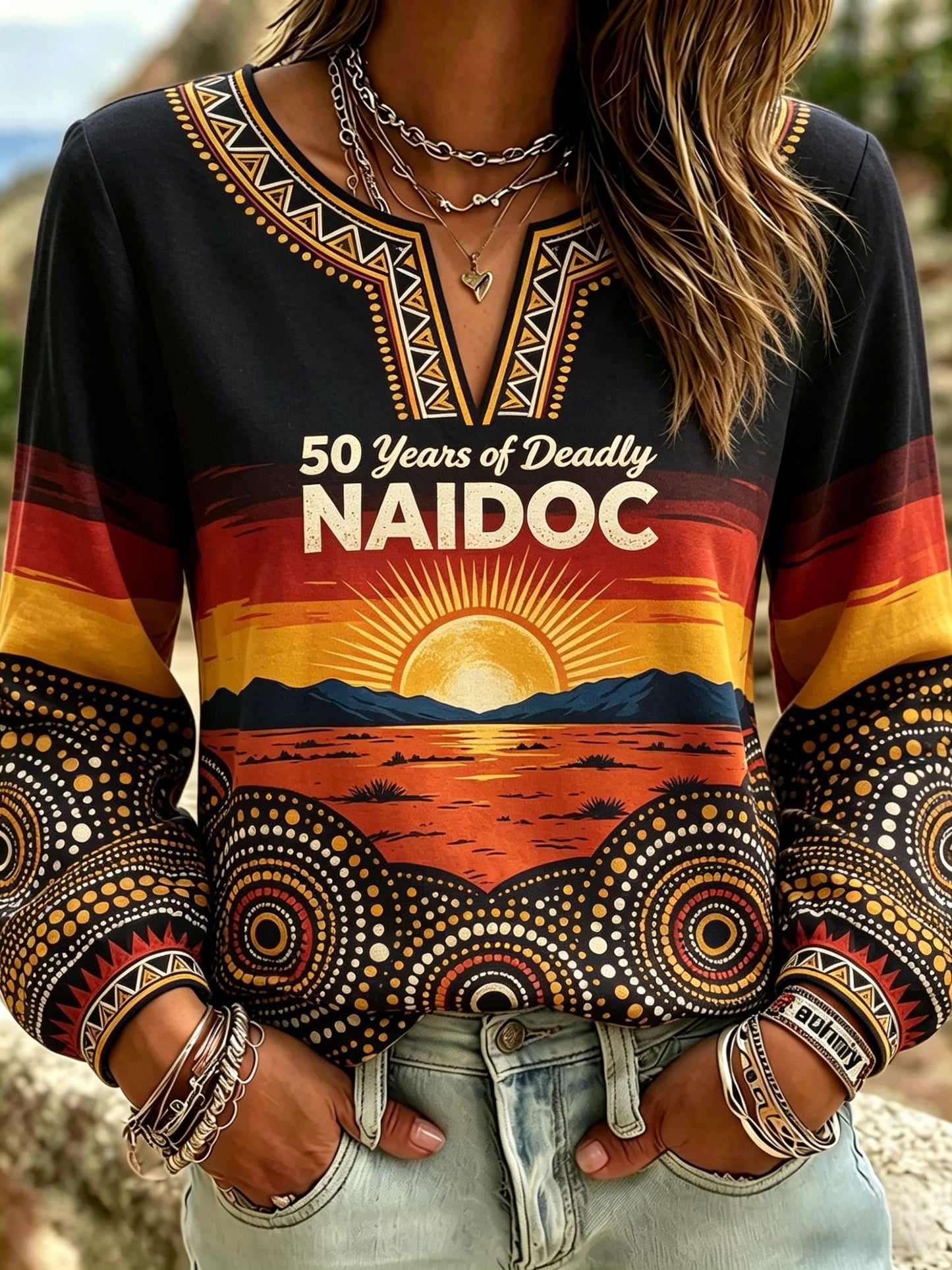 Women's AU Aboriginal Art NAIDOC Week Cotton-Linen Long-Sleeve T-Shirt