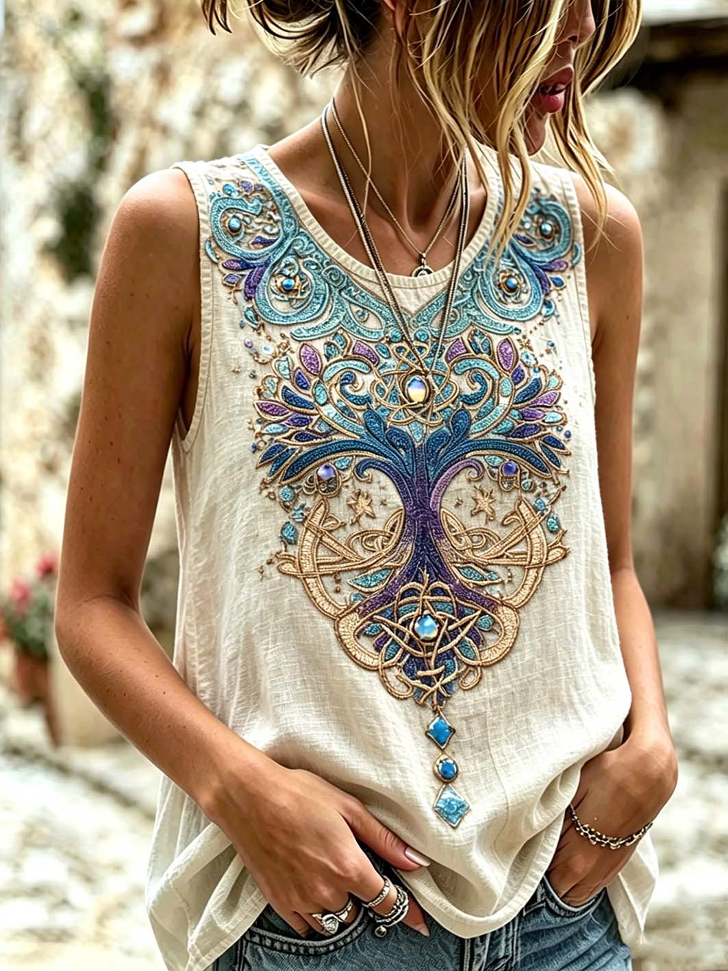 Women's retro Viking Norse mythology pattern printed casual linen vest