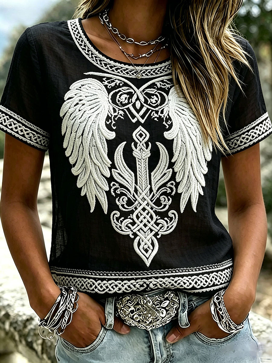 Women's Vintage Viking Celtic Wings Print Linen Short-sleeved T-shirt