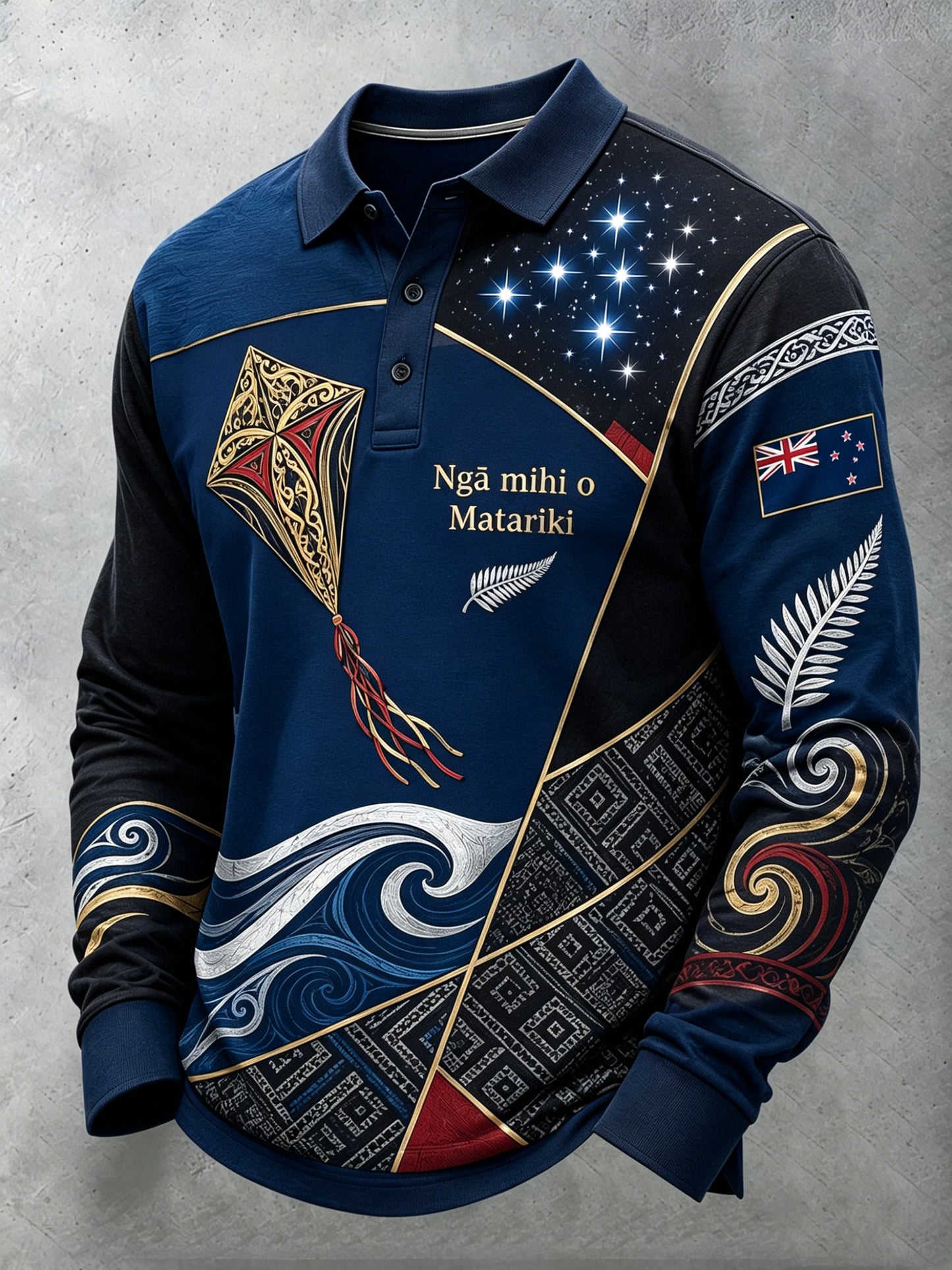 Men's New Year Maori Cultural Commemorative Art Print Long-Sleeve Polo