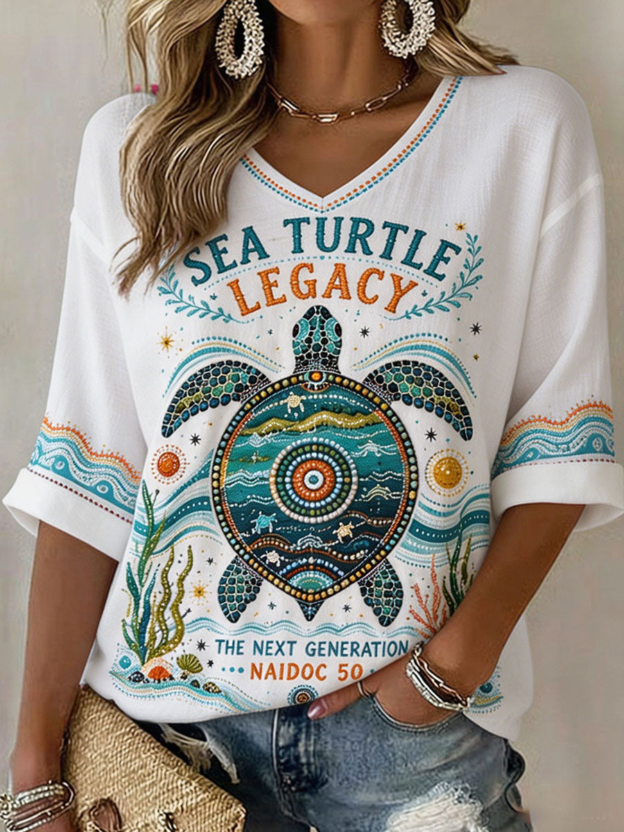 Women's Australian Aboriginal Culture Art Printed Linen V-Neck T-Shirt