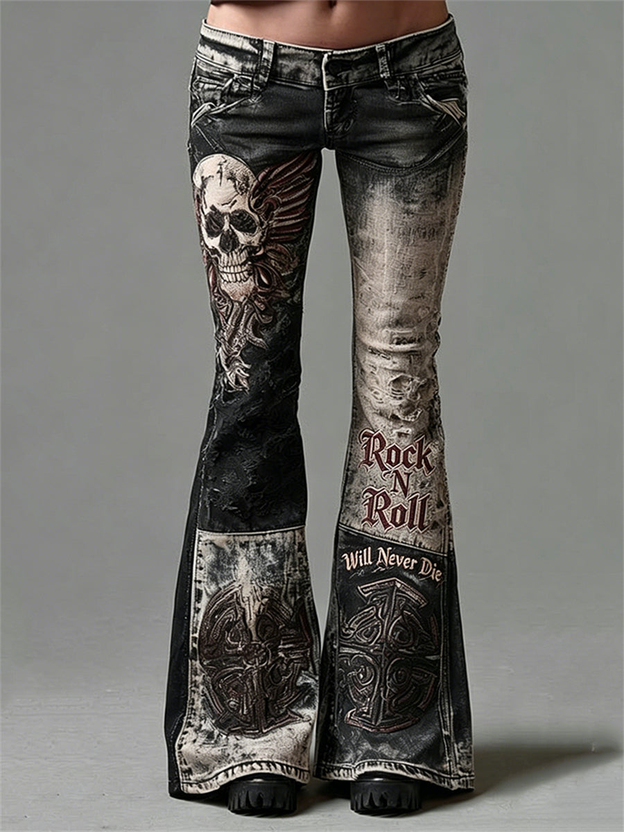 Women's Rock N Roll Will Never Die Skull with Wings Art Print Flared Trousers