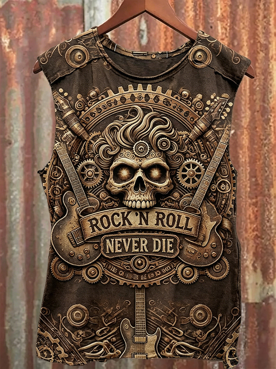 Men's Vintage Rock N Roll Never Die Print Washed Racket Vest