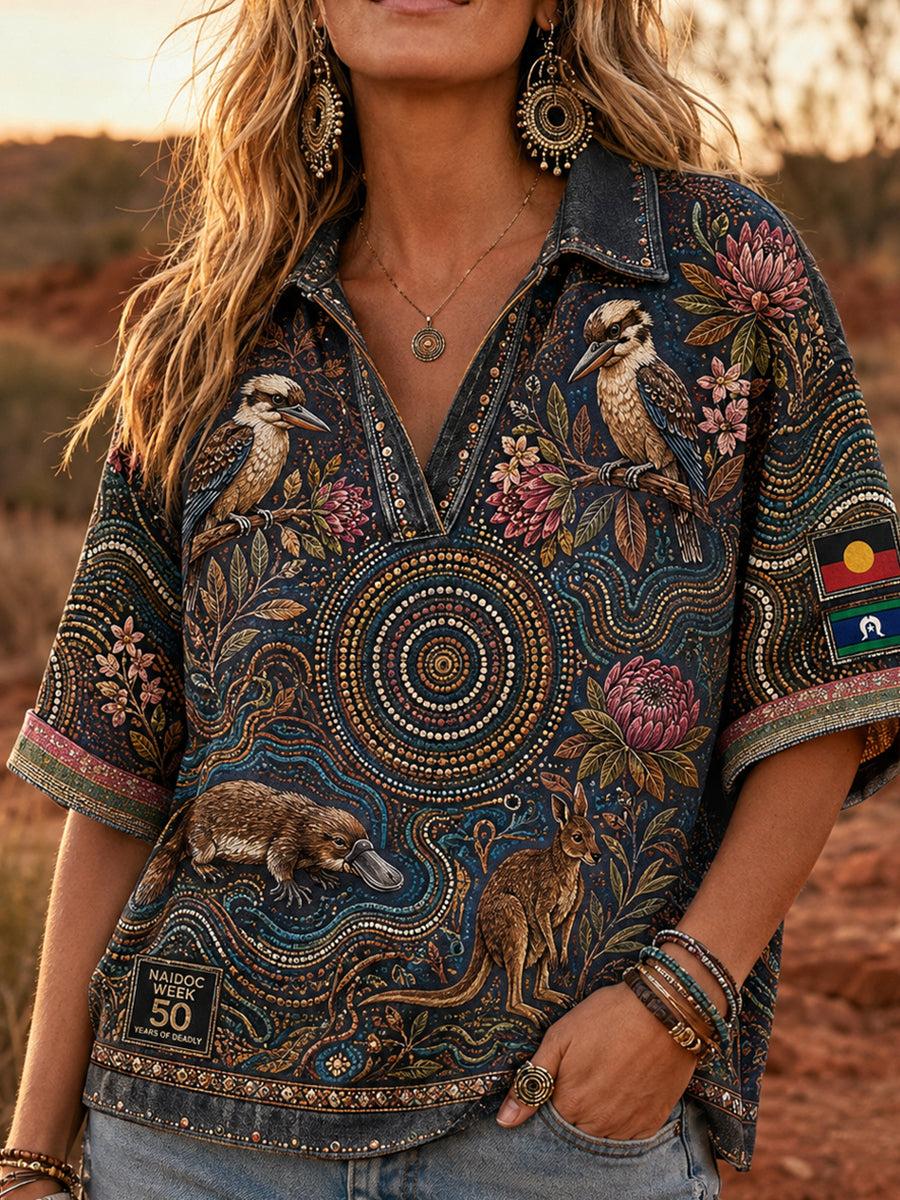 Women's Australia Naidoc Week Mid-length Sleeves V-Neck T-Shirt