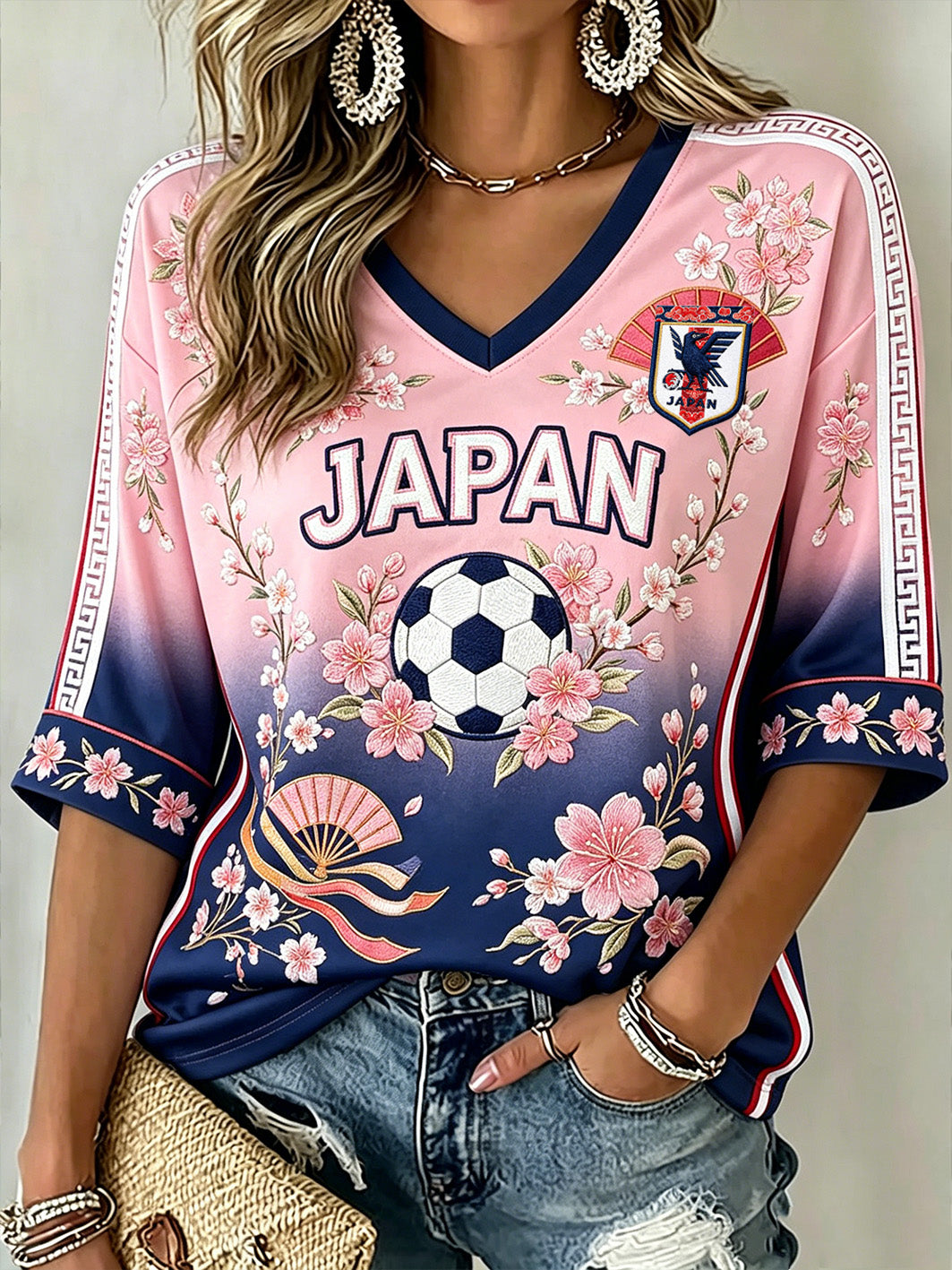 Women's Japanese Art Style Football Element Print Mid-length Sleeves V-Neck T-Shirt