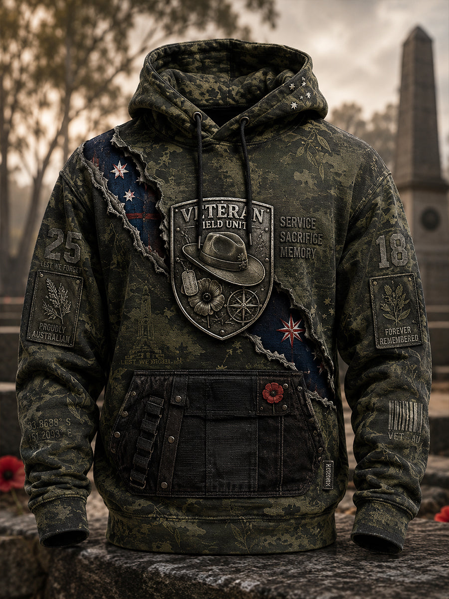 Men's Australian Veterans' Memorial Oversized Drop-Shoulder Hoodie with Pockets