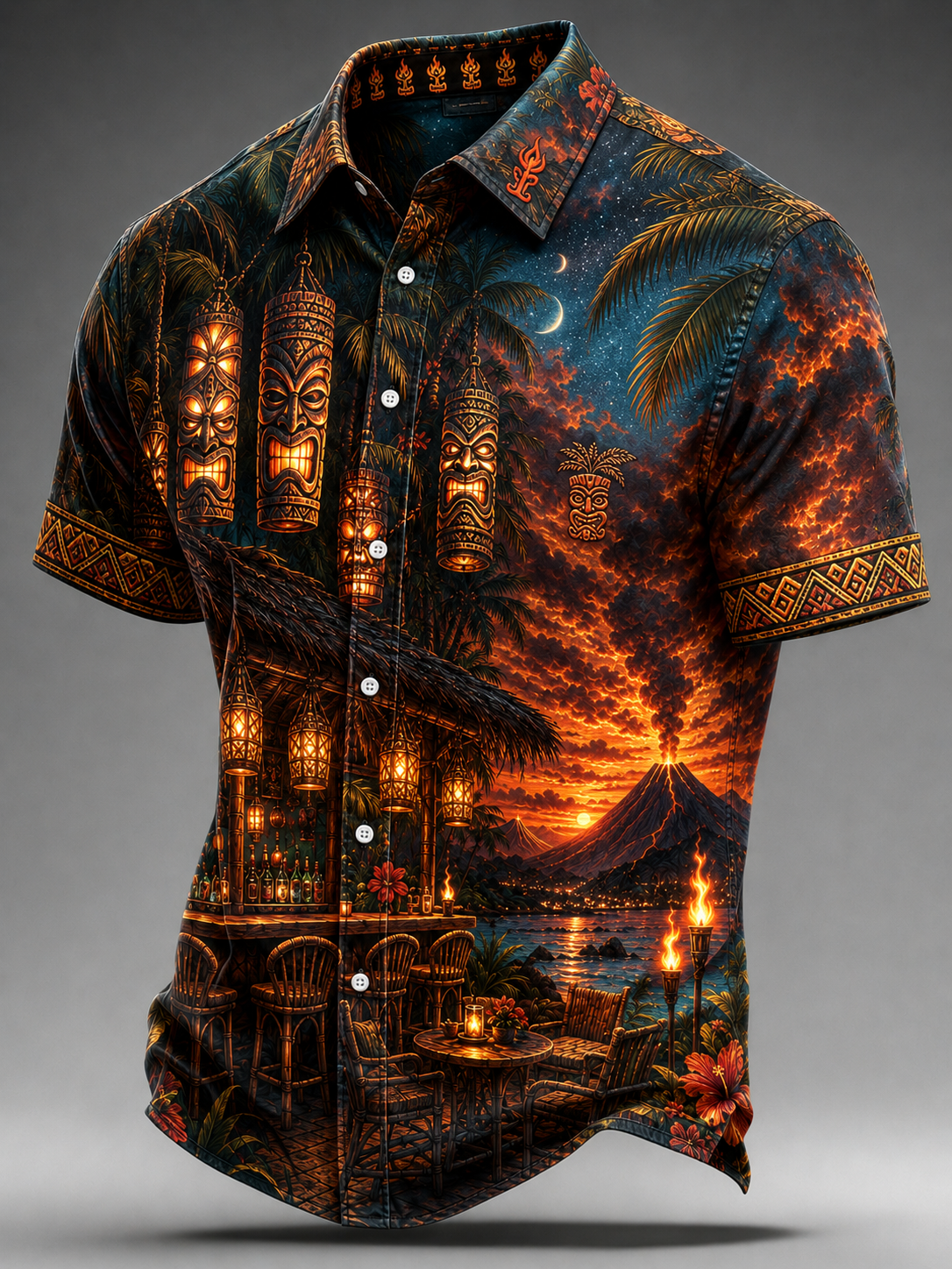 Men's Tiki Totem Ice Cream Cotton Summer Casual Beach Shirt Short Sleeve