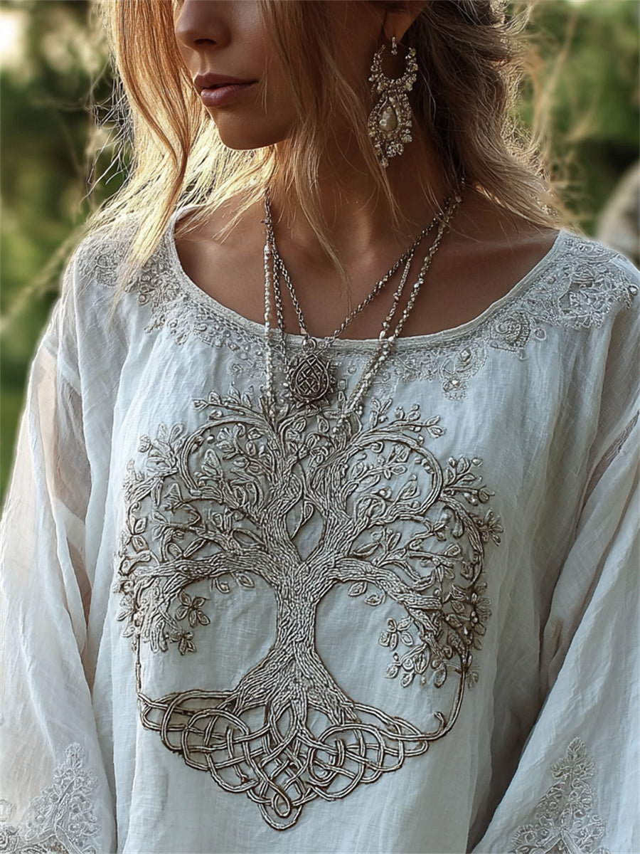 Women's Classy Vintage Viking Tree of Life Print Cotton-Linen Shirt