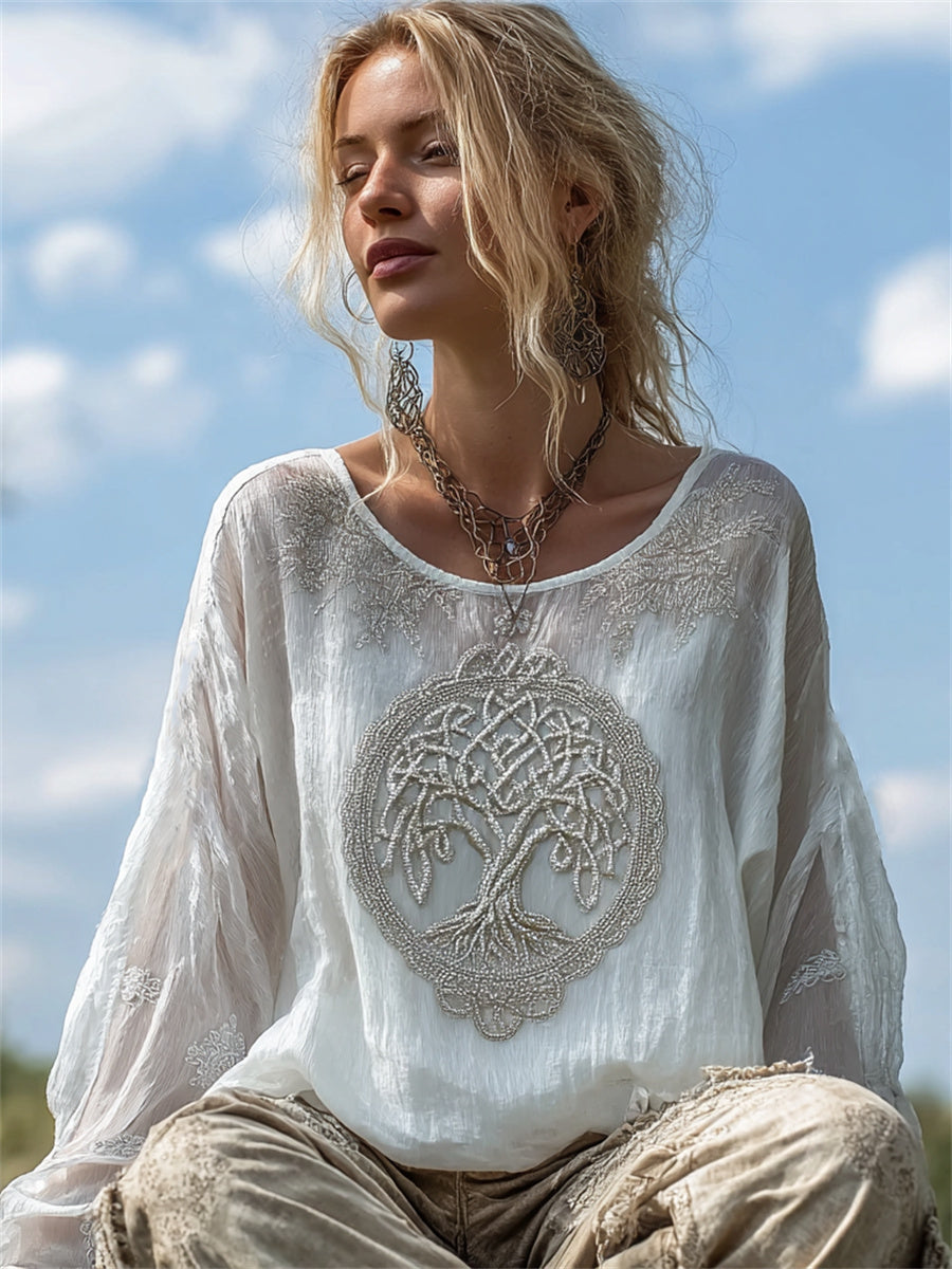 Women's Classy Vintage Viking Tree of Life Print Cotton-Linen Shirt