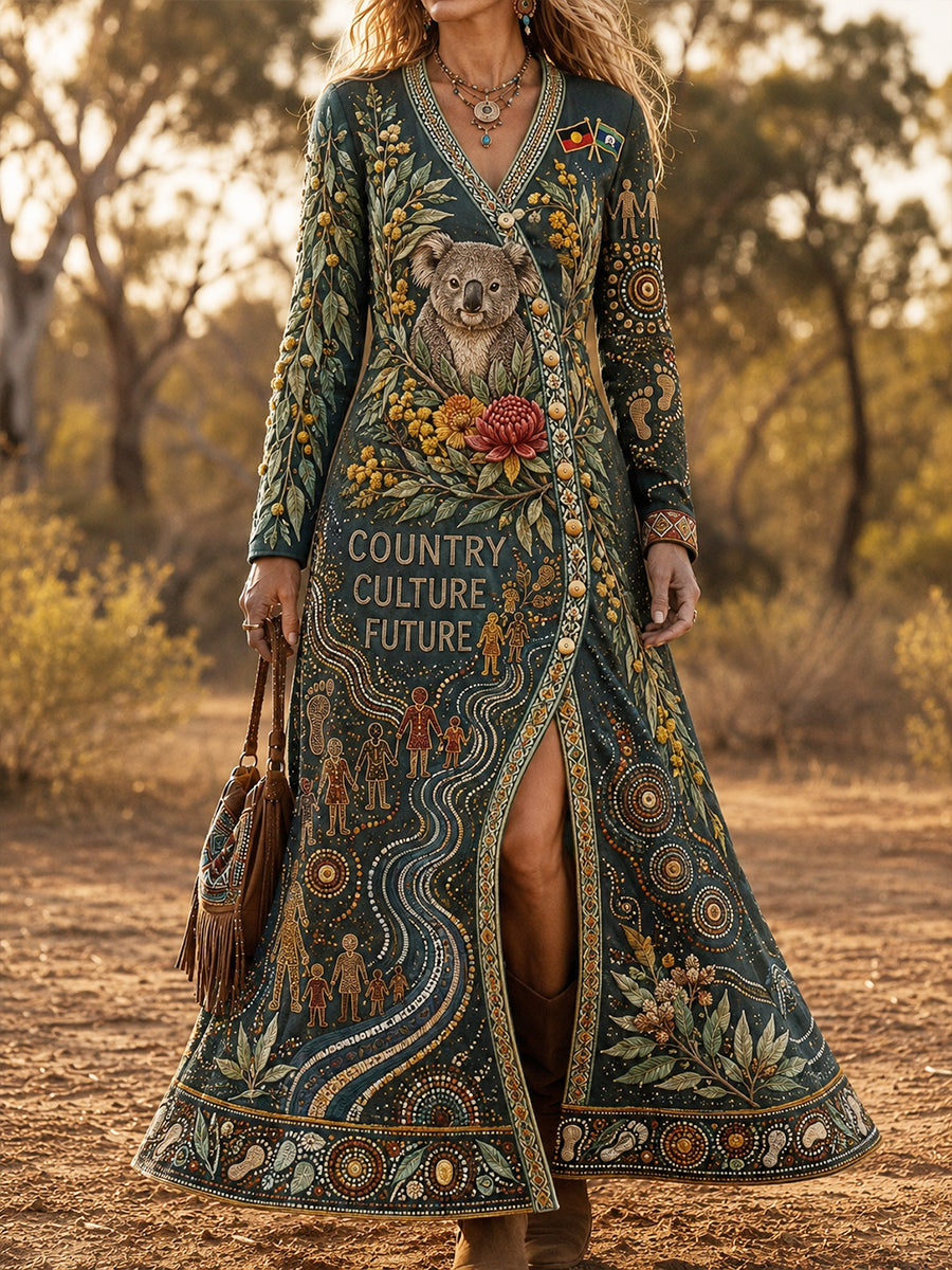 Women's Australia Naidoc Week Art Classy Side Buttons Slit Bottom Flowy Maxi Dress