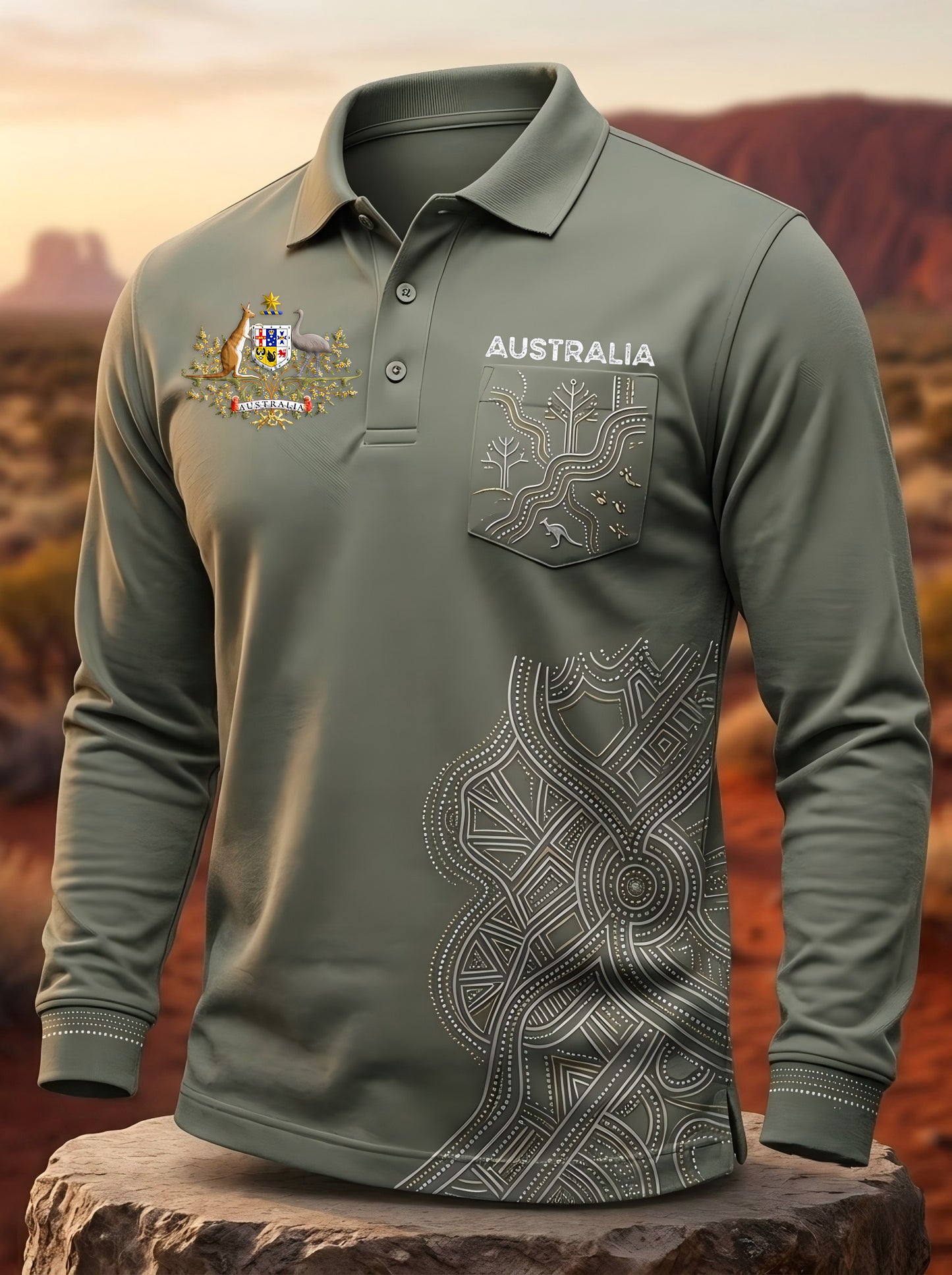 Men's Australia Pride Art Printed Long-Sleeve Polo Shirt
