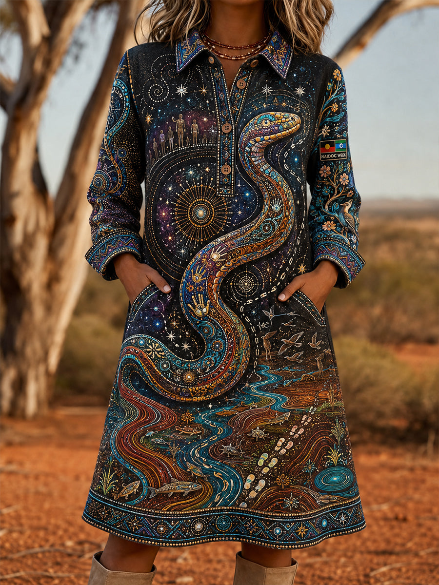 Women's Australia Naidoc Week Vintage Lapel Pocket Dress