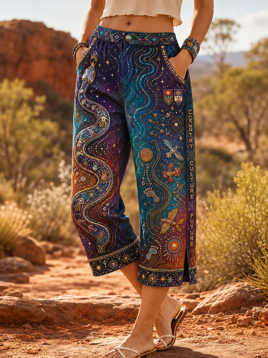 Women's Australia Naidoc Week Pattern Denim Patchwork Capri Pants