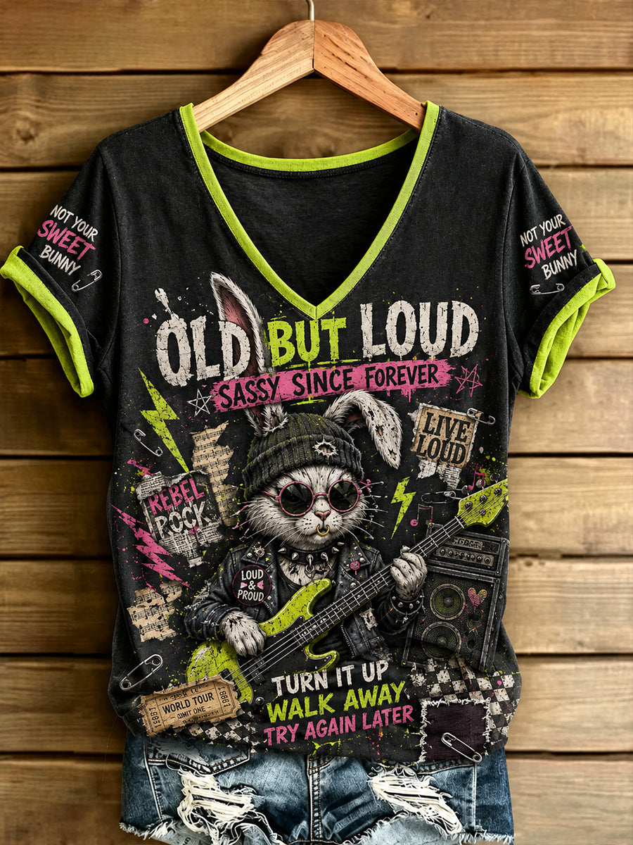 Women's Old But Loud Punk Bunny V-Neck T-Shirt