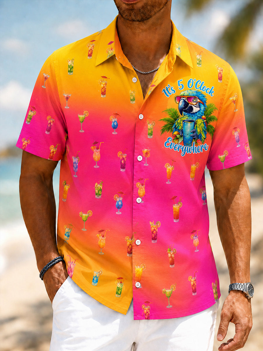 Men's I'm Retired It's 5 O'clock Everywhere Parrot Print Casual Short Sleeve Shirt