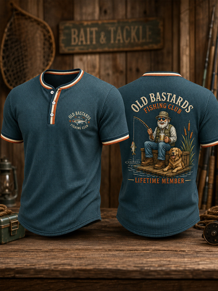 Men's Funny Old Bastards Fishing Club Lifetime Member Print Casual Waffle Tee