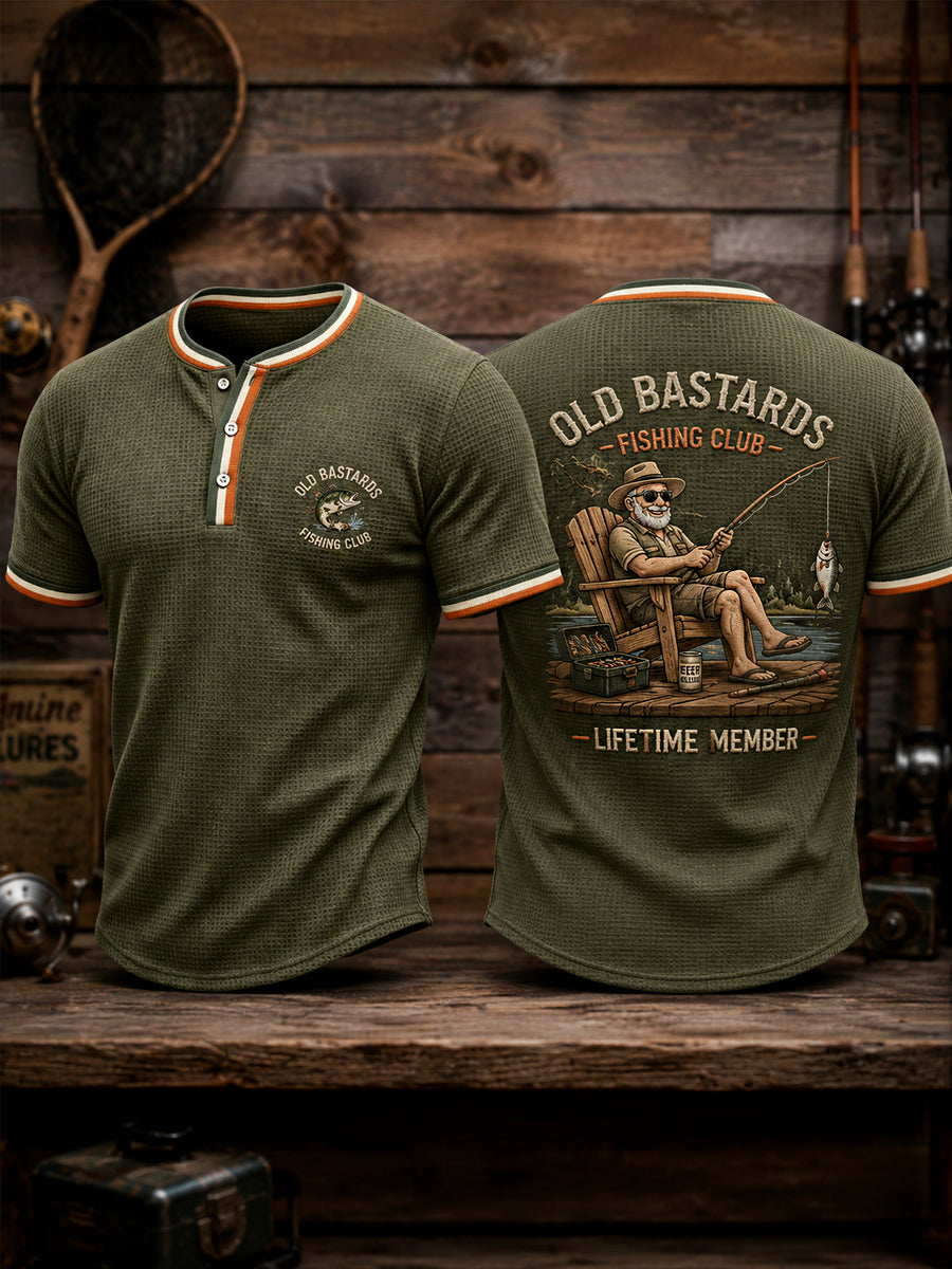 Men's Funny Old Bastards Fishing Club Lifetime Member Print Casual Waffle Tee