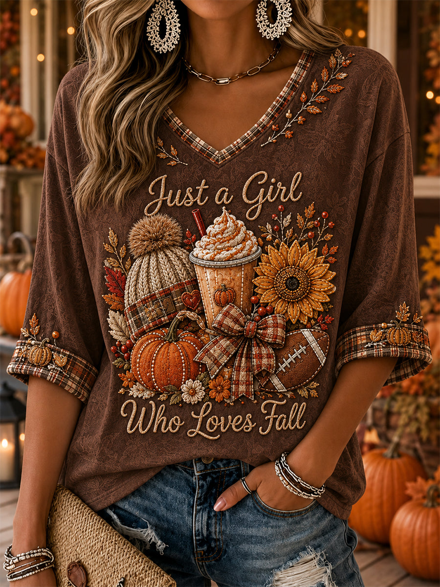 Women's Autumn Style Pattern Linen V-Neck Shirt