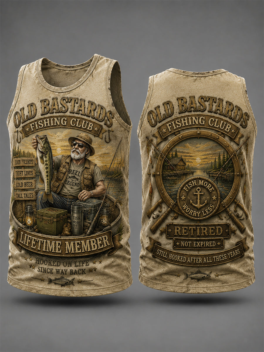 Men's Funny Old Bastards Fishing Club Lifetime Member Print Casual Tank Top