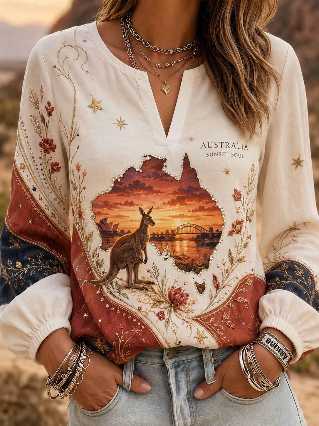 Women's Australian Animals Cotton-Linen Long-Sleeve T-Shirt