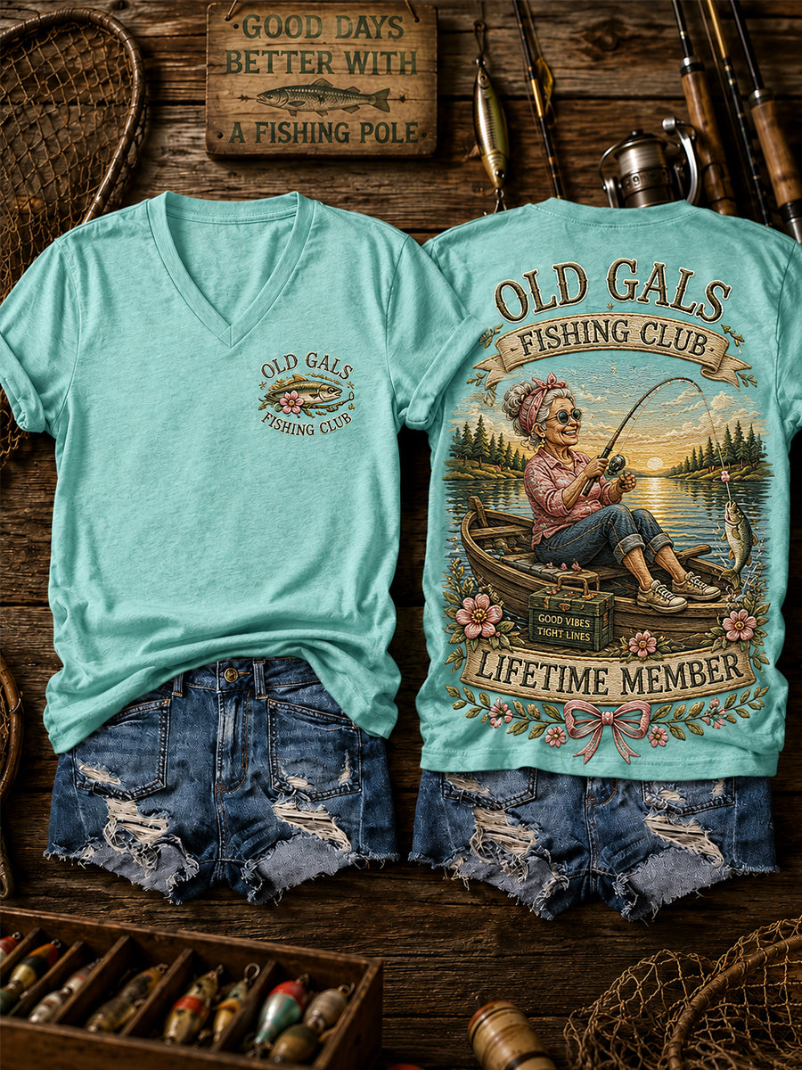 Women's Funny Old Gals Fishing Club Lifetime Member Print Casual V-Neck Tee