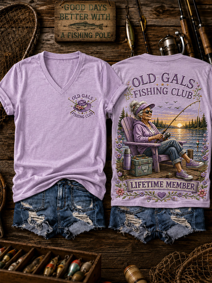 Women's Funny Old Gals Fishing Club Lifetime Member Print Casual V-Neck Tee