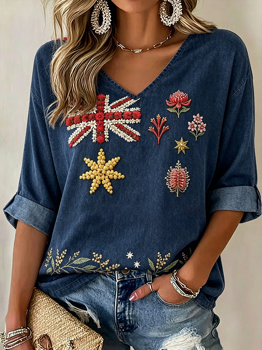 Women's Australia Floral Art Printed Linen T-shirt