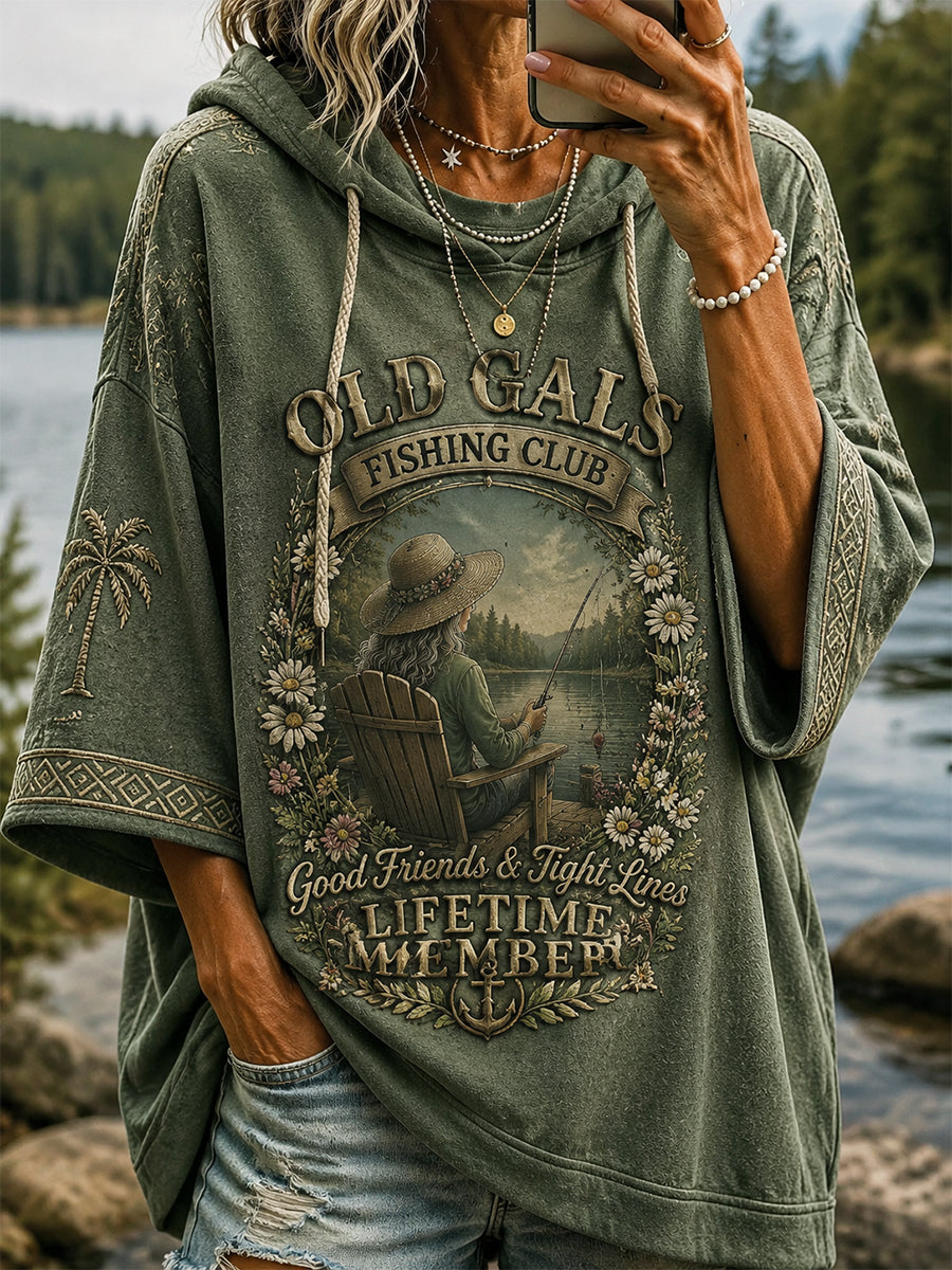 Women's Funny Old Gals Fishing Club Lifetime Member Print Casual Hoodie