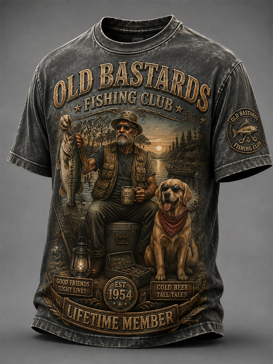 Men's Funny Old Bastards Fishing Club Lifetime Member Print Short Sleeve T-shirt