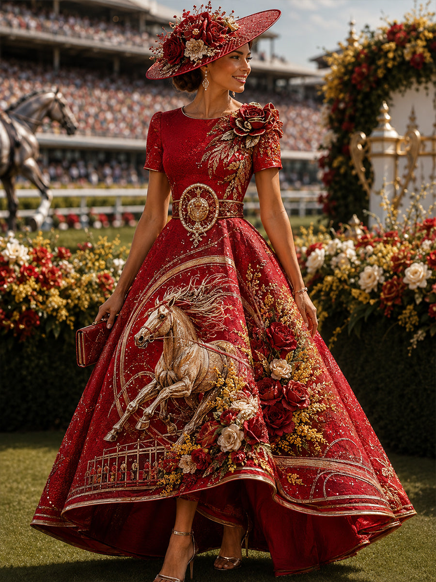 Women's Australian Horse Racing Print V Neck Elegant Midi Dress