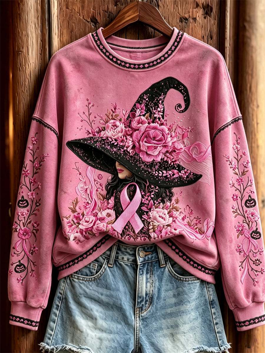 Women's Pink Halloween Witch & Pink Ribbon Floral Print Sweatshirt