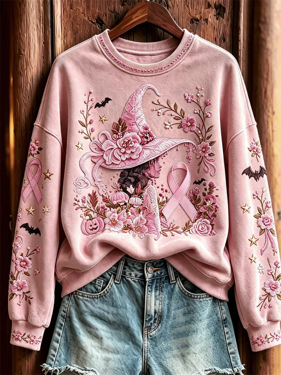Women's Pink Halloween Witch & Pink Ribbon Floral Print Sweatshirt