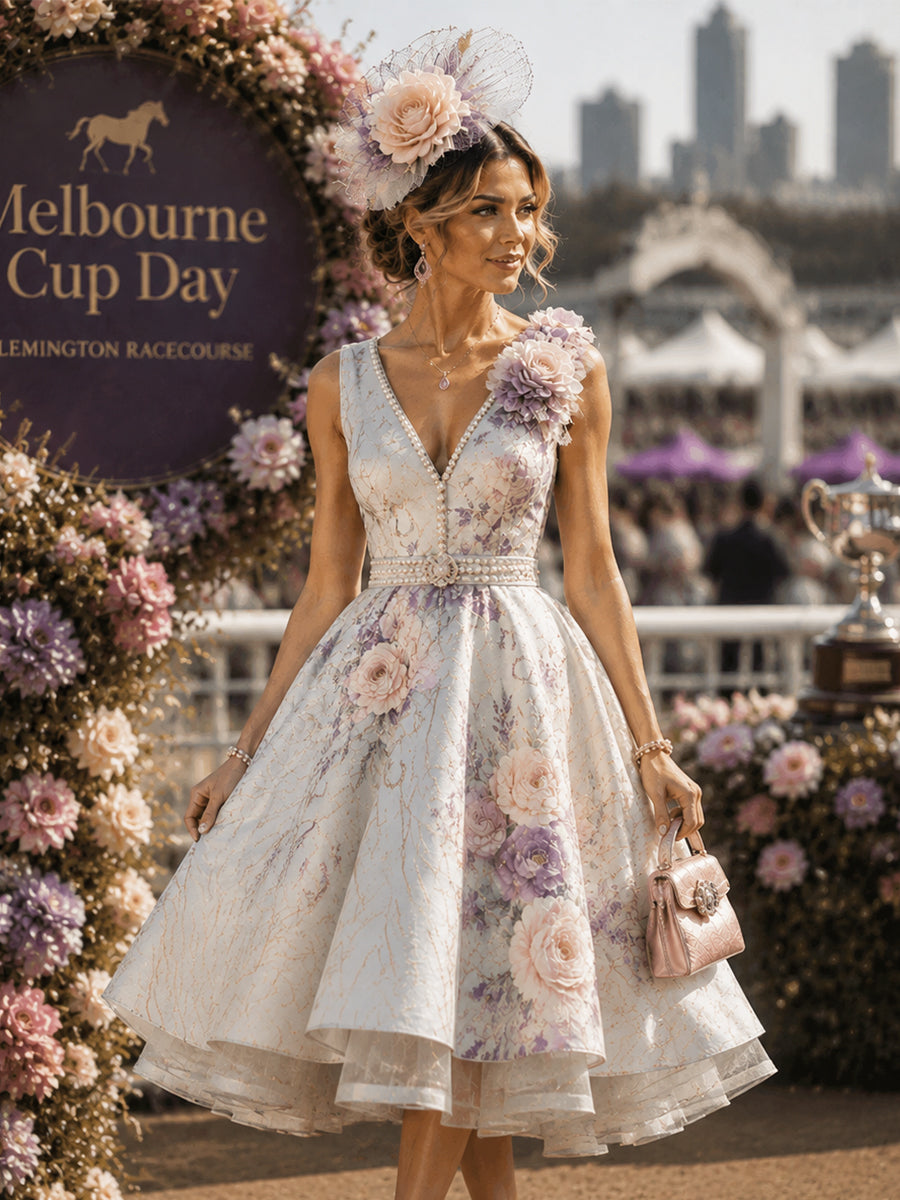Women's Vintage Melbourne Cup Australian Horse Racing V-neck Sleeveless Dress