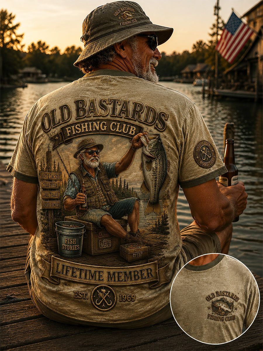 Men's Funny Old Bastards Fishing Club Lifetime Member Print Short Sleeve T-shirt