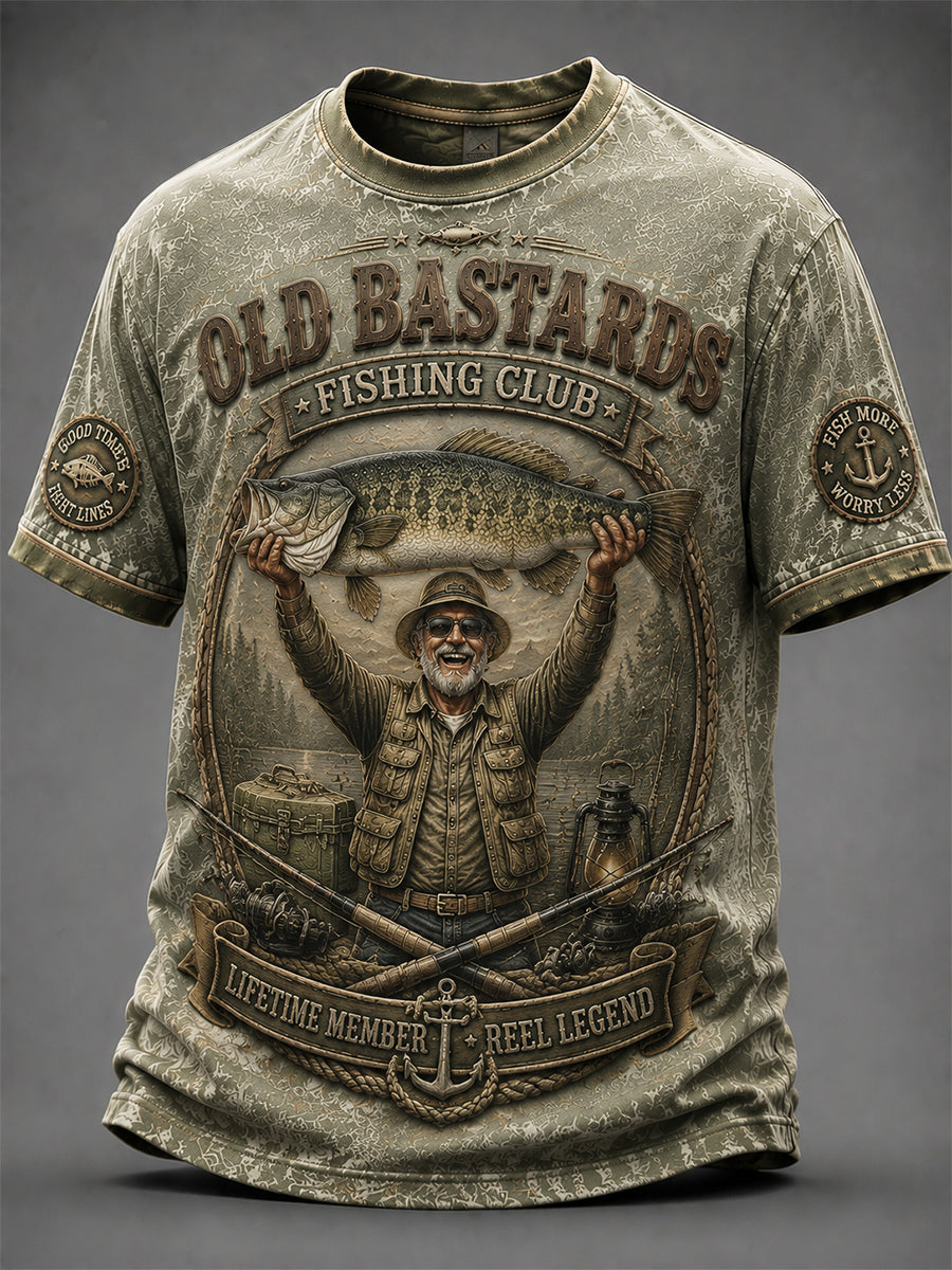 Men's Funny Old Bastards Fishing Club Lifetime Member Print Short Sleeve T-shirt